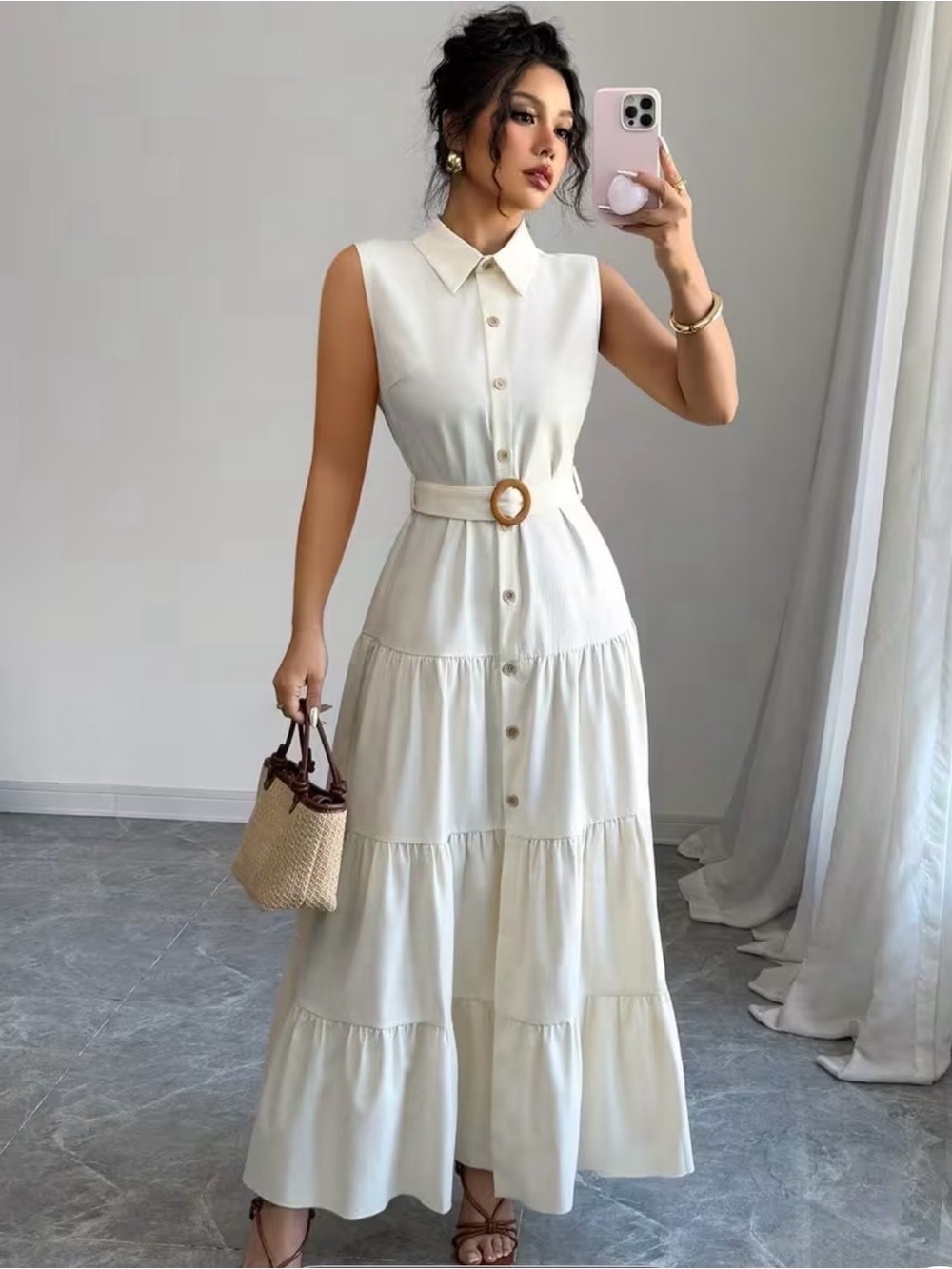NWOT Sleeveless Cream Tiered Maxi Dress with Belted Waist